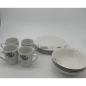 Gibson Netherwood 12 Pc Dinnerware Lot 4 Plates 4 Bowls 4 Mugs Floral Black